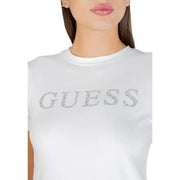 White Guess active women cotton t-shirt with round neck short sleeves and sparkling rhinestone brand name across chest