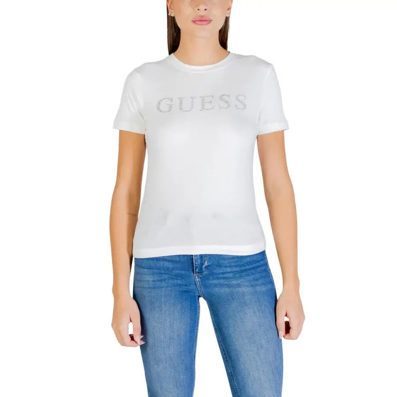 White Guess active women round neck short sleeve cotton t-shirt with silver glitter lettering across the chest