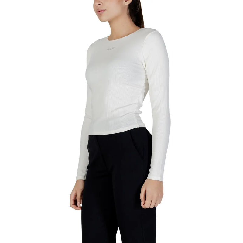 White long-sleeved Guess Active women modal t shirt with round neck and subtle logo near the neckline