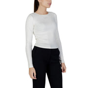 Guess active women white round neck long fit modal t shirt with subtle ribbed texture and embroidered logo at neckline