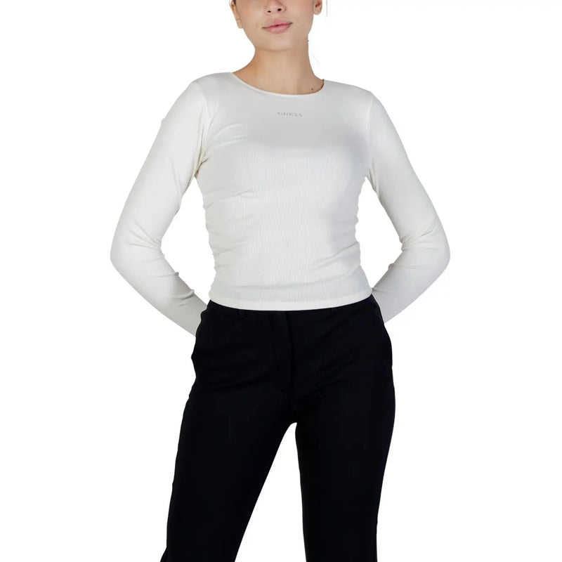 Guess Active women white long fit round neck modal t shirt with ribbed texture and small logo at the neckline