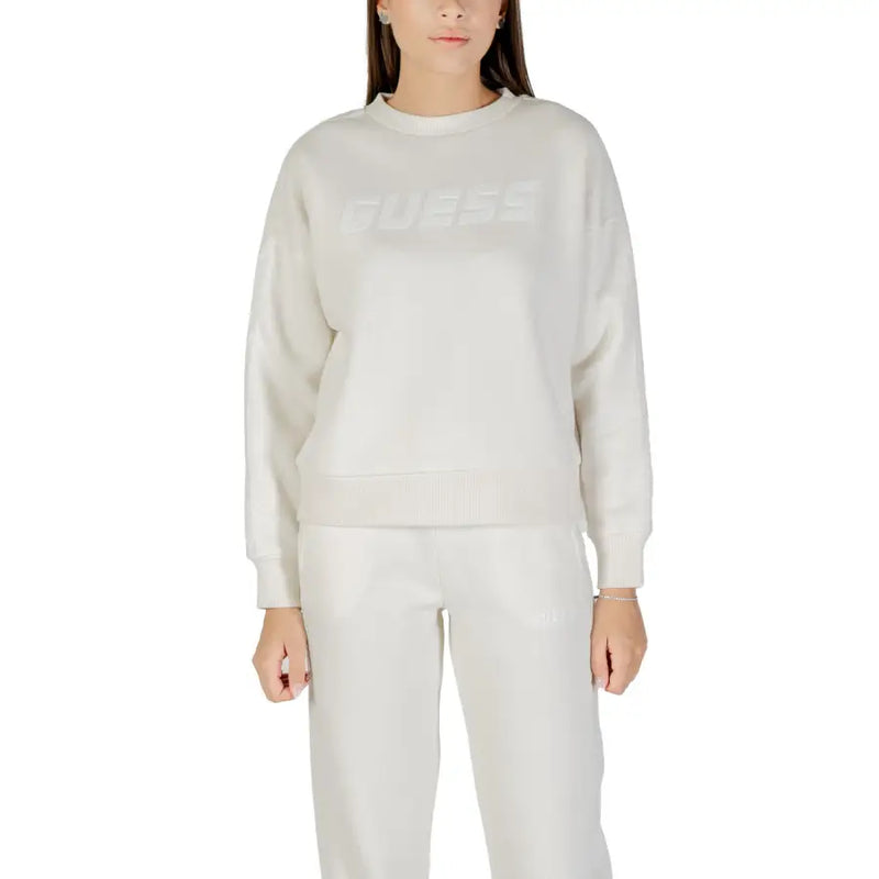 Cream Guess Active Women White Round Neck Sweatshirt with Tonal Logo