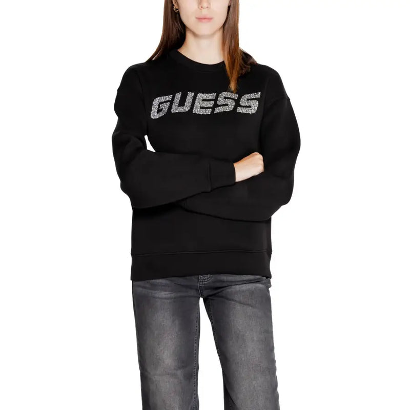 Guess active women’s black sweatshirt with round neck and glittery silver print across the chest