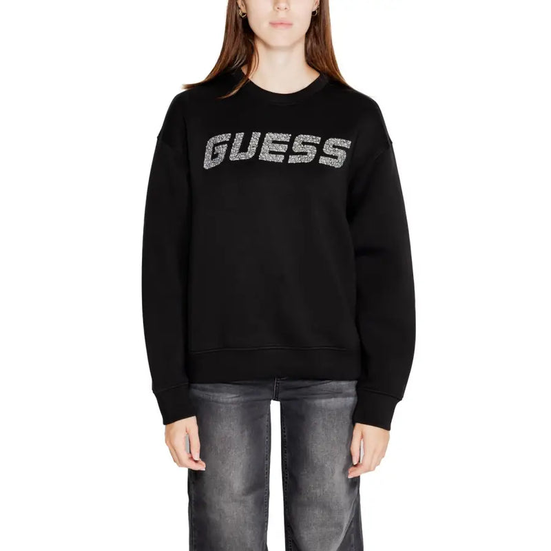 Guess active women’s black sweatshirt with sparkling silver guess logo print and round neck detail