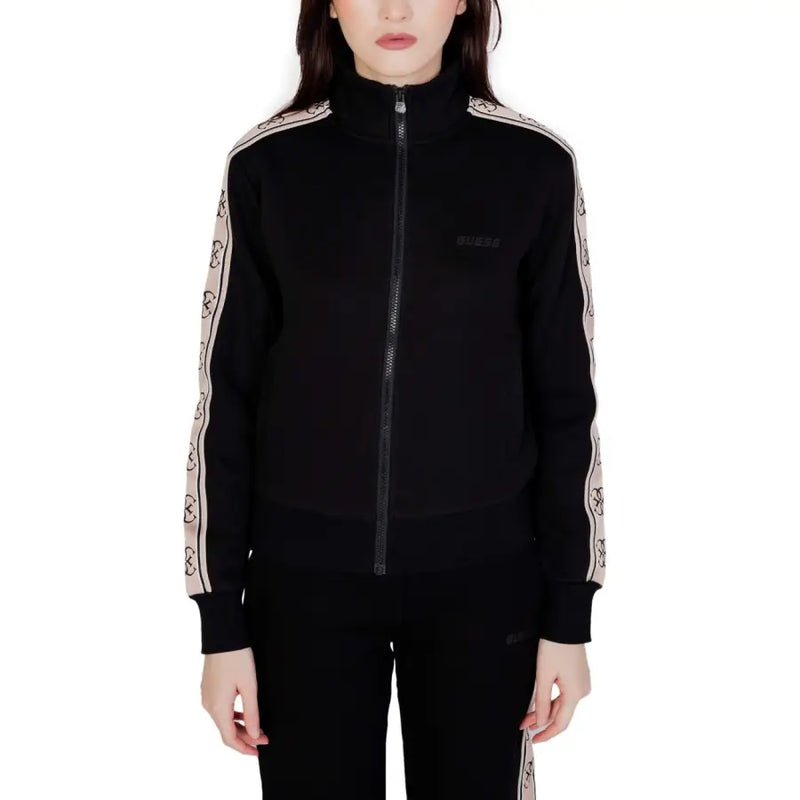 Guess Active women’s black zip sweatshirt with beige patterned sleeves and subtle logo made of 100 percent cotton