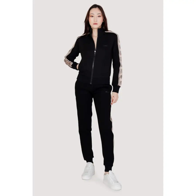 Guess Active women’s black zip sweatshirt with white and pink patterned stripes made of 100 percent cotton