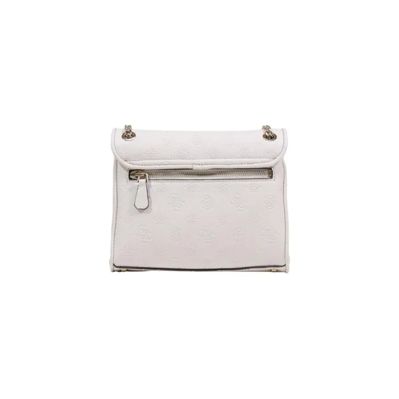 Guess beige handbag with pockets featuring white leather crossbody design embossed logo and silver-toned hardware