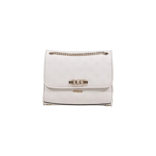 White Guess crossbody bag with subtle embossed logo pattern and silver-toned chain strap from spring summer collection