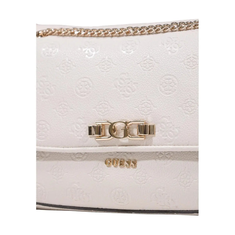 White Guess crossbody bag with gold-tone chain strap and embossed logo pattern from spring summer collection
