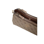 Beige Guess handbag with shoulder strap featuring repeating logo pattern and brown leather interior with inside pocket