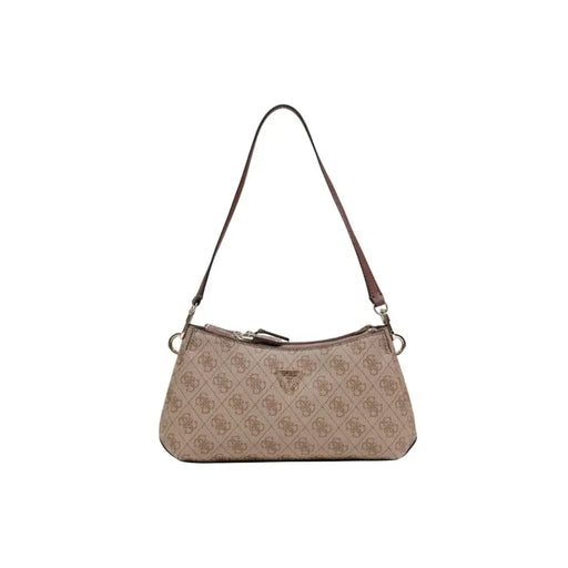 Guess beige handbag with repeating logo pattern, brown leather strap