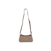 Beige Guess shoulder bag with repeating logo pattern brown leather strap and inside pocket for everyday use