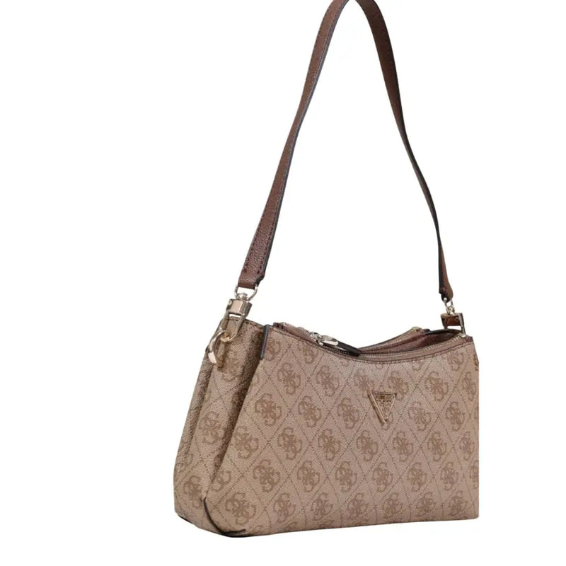 Beige Guess handbag with shoulder strap featuring brown leather and repeating logo pattern with inside pocket