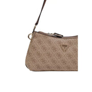 Guess beige handbag with monogram pattern and brown leather strap