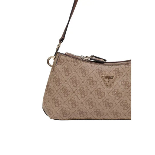 Guess beige handbag with monogram pattern and brown leather strap