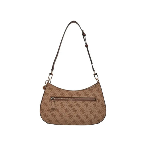 Guess beige shoulder bag with brown logo pattern and strap
