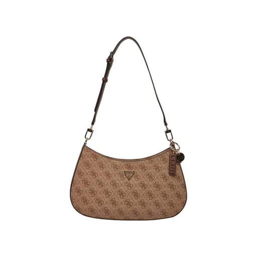 Guess beige shoulder bag with brown logo pattern and strap