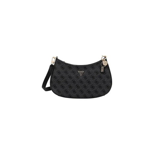 Guess Schwarze Schultertasche mit sich wiederholendem Logomuster und goldfarbenen Beschlägen