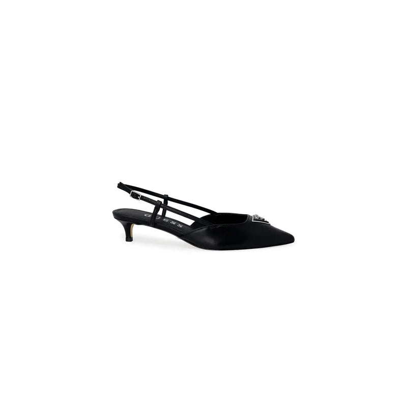 Black Guess slingback pump with pointed toe and metallic embellishment in contrast to beige pointed toe pump with bow detail size 4