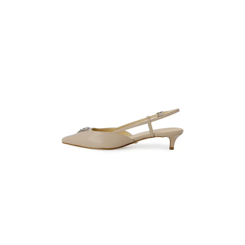 Beige leather Guess slingback pump with slender heel and silver buckle at toe size 4