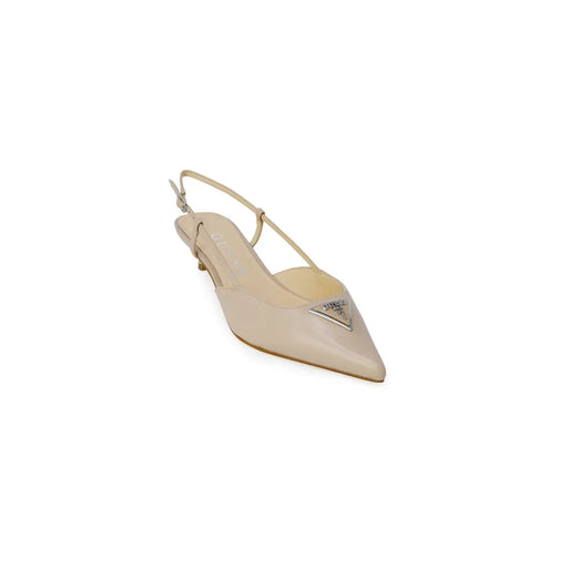 Beige patent leather Prada slingback pump with metallic triangular logo emblem shown from the back side