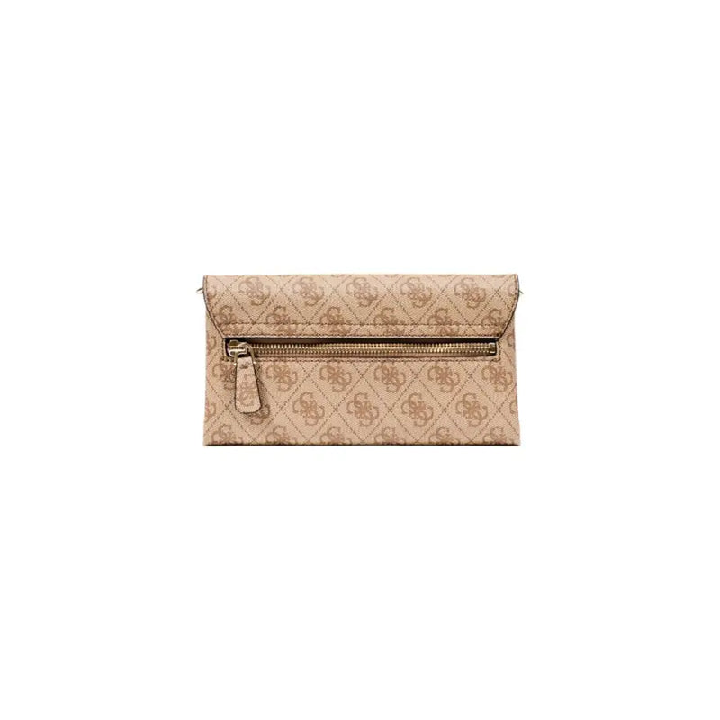 Beige guess clutch with repeating monogram pattern and gold tone zipper featured in guess beige print shoulder bag