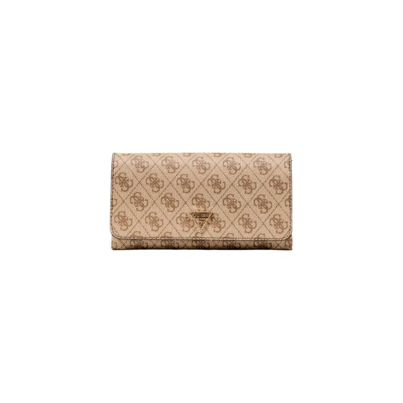 Beige Guess shoulder bag with repeating brown logo print and gold-tone triangular brand emblem with automatic buttons