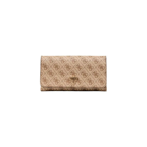Beige Guess shoulder bag with repeating brown logo print and gold-tone triangular brand emblem with automatic buttons