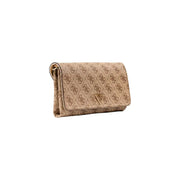 Beige Guess shoulder bag with repeating logo pattern and gold-tone triangular emblem featuring automatic buttons