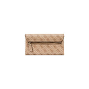 Beige guess clutch with repeating monogram pattern and gold tone zipper featured in guess beige print shoulder bag