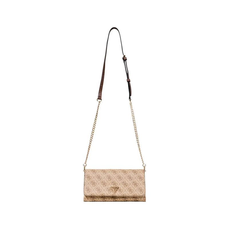 Guess beige print shoulder bag with automatic buttons featuring a beige crossbody design with logo pattern and chain leather strap