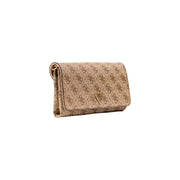 Beige Guess shoulder bag with repeating logo pattern and gold-tone triangular emblem featuring automatic buttons