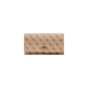 Beige Guess shoulder bag with repeating brown logo print and gold-tone triangular brand emblem with automatic buttons