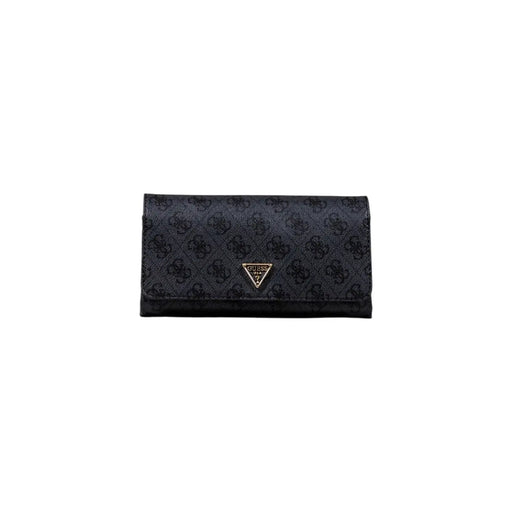 Black Guess wallet with monogram pattern, gold logo on beige print bag