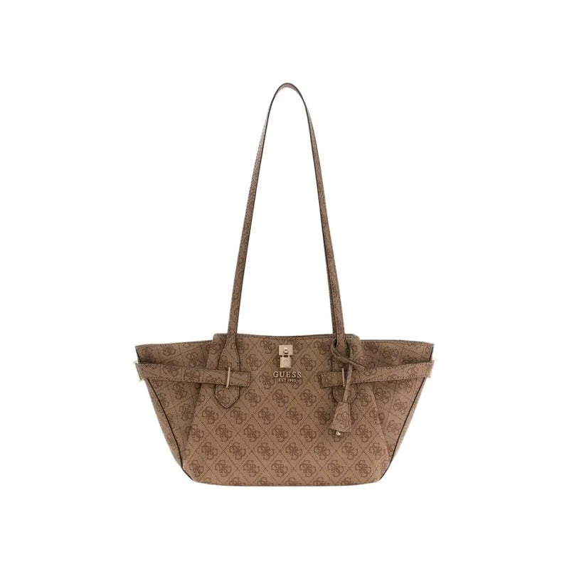 Beige guess handbag with repeating logo pattern and gold-tone hardware from spring summer collection for women