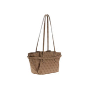 Brown guess tote bag with repeating monogram pattern and dual shoulder straps from the spring summer collection