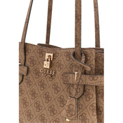 Brown guess tote bag with repeating logo pattern and gold-tone lock closure from spring summer collection