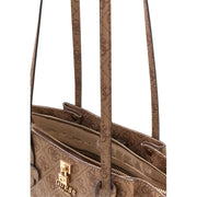 Brown guess tote bag with beige printed monogram pattern and gold tone hardware from spring summer collection