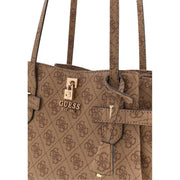 Brown guess tote bag with repeating logo pattern and gold-tone lock closure from spring summer collection