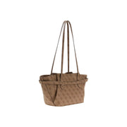 Brown guess tote bag with repeating monogram pattern and dual shoulder straps from the spring summer collection