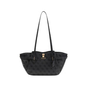Guess beige printed tote bag with repeating logo pattern and gold hardware
