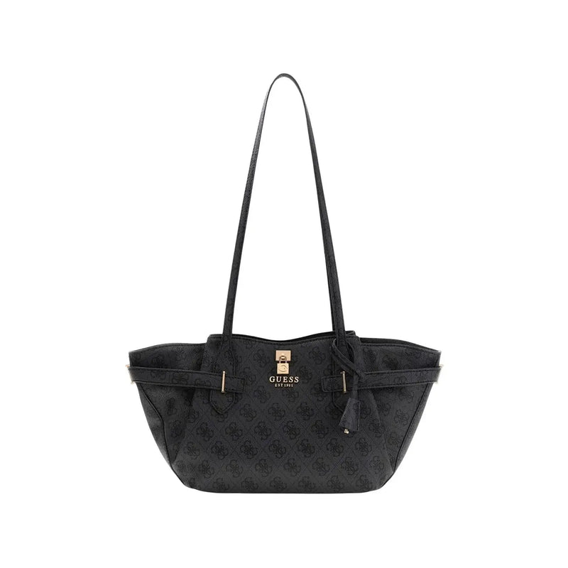 Guess beige printed tote bag with repeating logo pattern and gold hardware