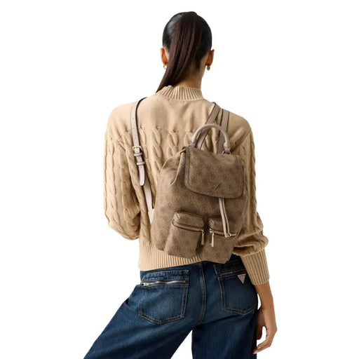 Guess Beige printed polyurethane backpack with Gucci logo pattern and pockets