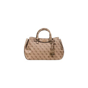 Guess beige shoulder handbag with monogram pattern, gold-tone hardware, zip, and outside pocket