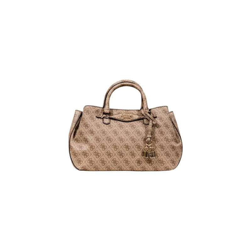 Guess beige shoulder handbag with monogram pattern, gold-tone hardware, zip, and outside pocket