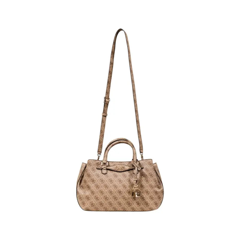Beige Guess logo-patterned handbag with top handles and detachable shoulder strap