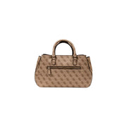 Light brown Guess tote bag with dark brown straps, logo pattern, zipper, and outside pocket