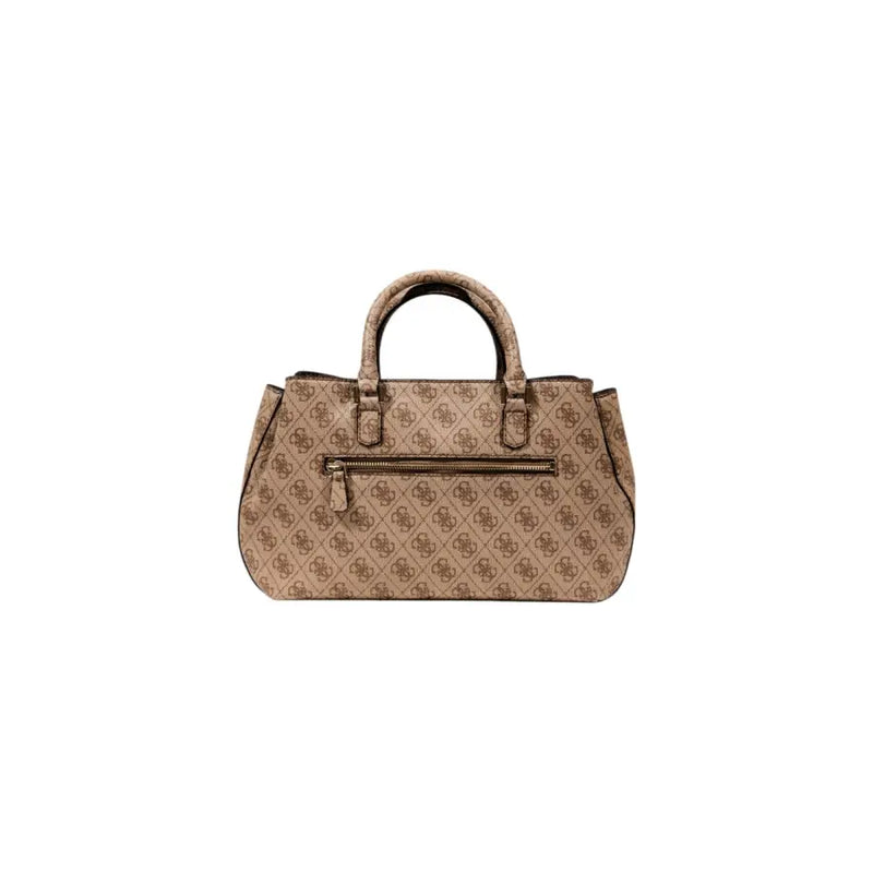 Light brown Guess tote bag with dark brown straps, logo pattern, zipper, and outside pocket