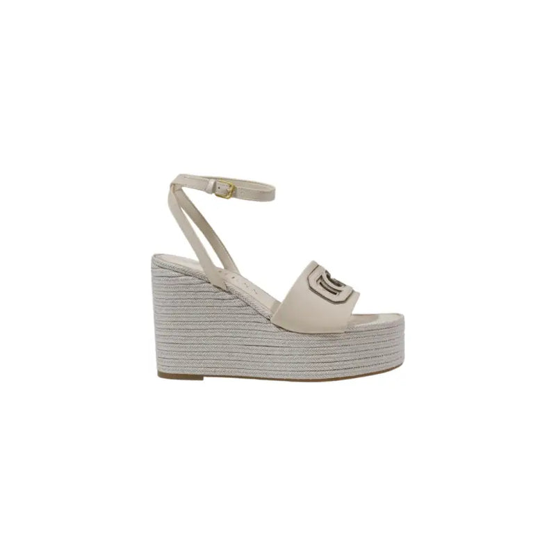 Guess beige espadrille wedge sandal with cream color woven rope sole and ankle strap with gold-tone buckle