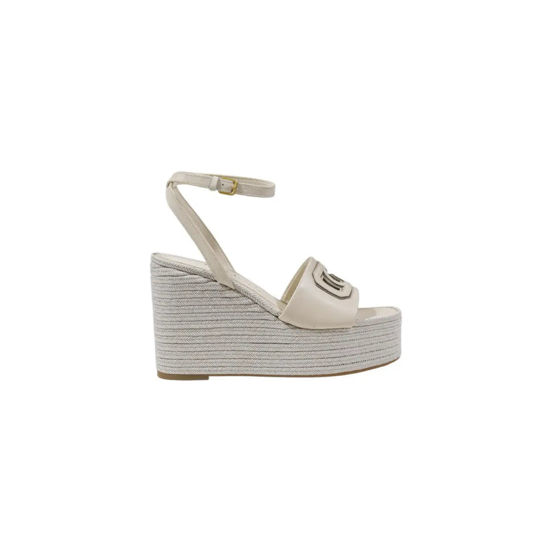 Guess beige wedge shoes with cream platform, woven espadrille sole, ankle strap, and gold-tone buckle detail